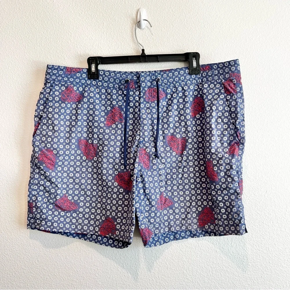 Tori Richard Men’s Swim Trunks 40 Navy Blue Red Leaf Dot Print Board Shorts